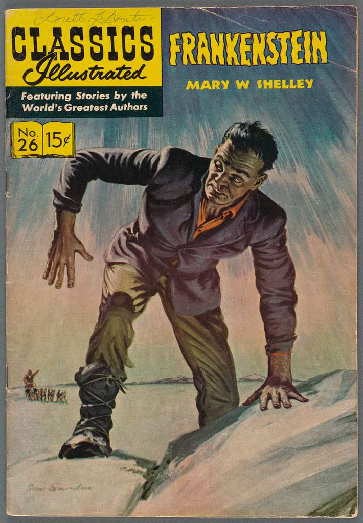 A classic comic book cover of Frankenstein by Mary Shelley