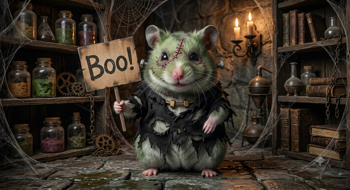 Walter the hamster dressed up as Frankenstein's creature, holding a "Boo!" sign
