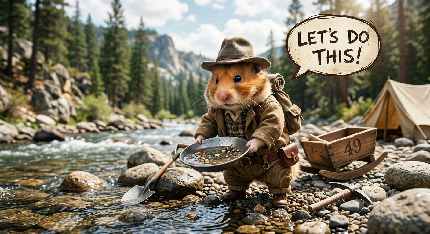A hamster gold-panning in California, saying "Let's do this!"