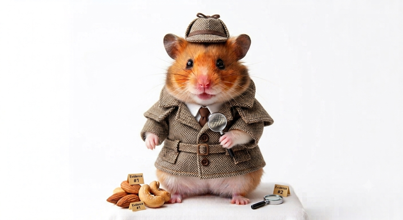 Walter the hamster dressed up as a detective, with a magnifying glass