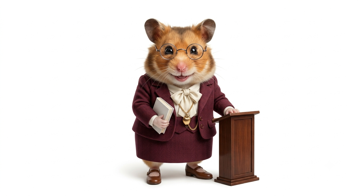 Walter, der Hamster, verkleidet als Lehrkraft mit runder Brille und bordeauxrotem Anzug, hält ein Buch neben einem kleinen Rednerpult
