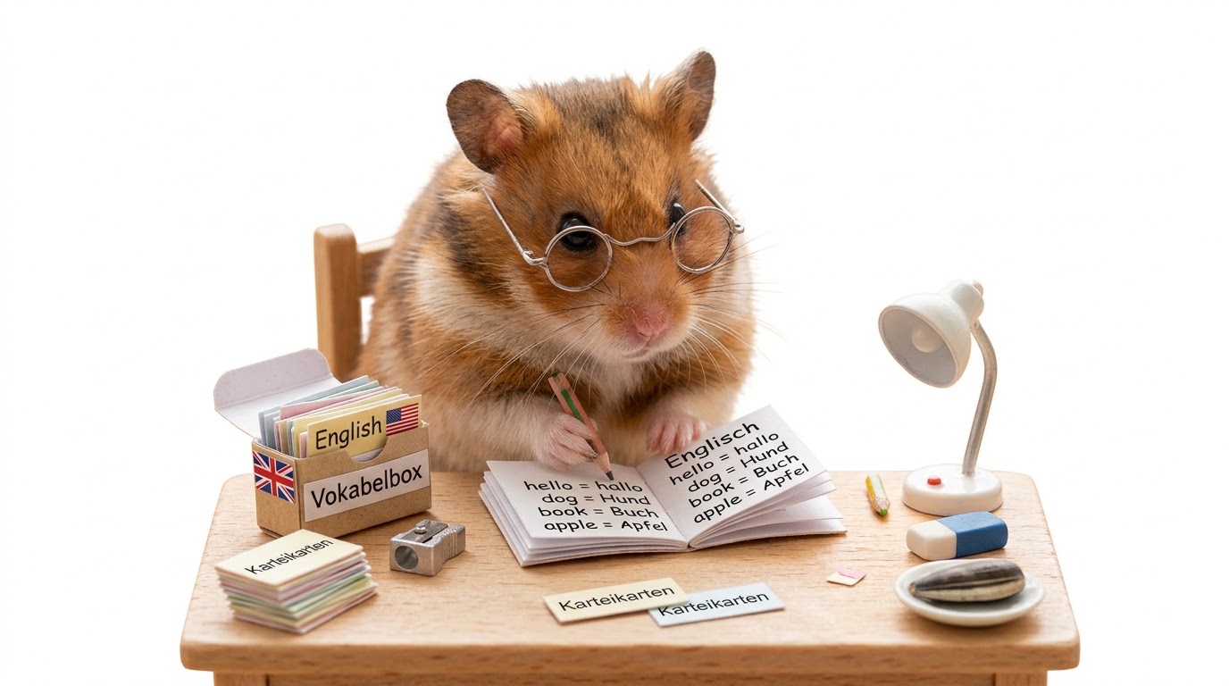A hamster with glasses sits at a small desk and learns English words with flashcards and a vocab box