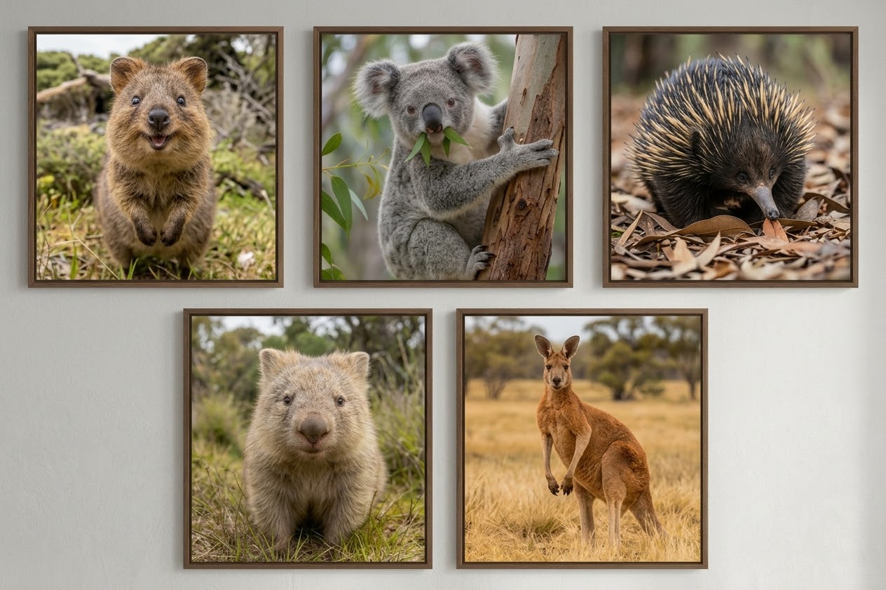 Photos of a quokka, a koala, an echidna, a wombat and a kangaroo