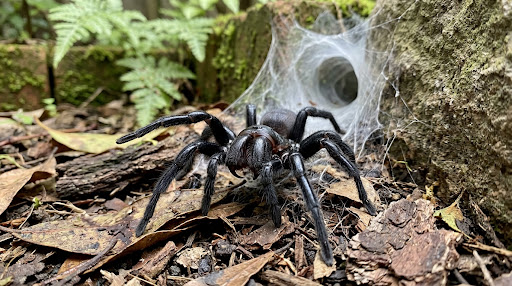A black Sydney funnel-web spider in front of its funnel-shaped web