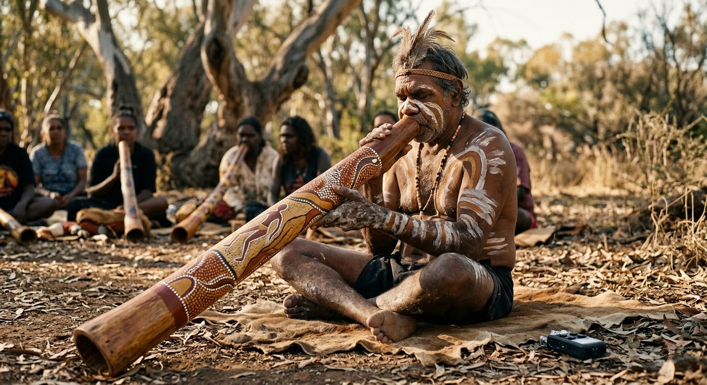 A man with traditional body paint plays a painted didgeridoo in the Australian bush