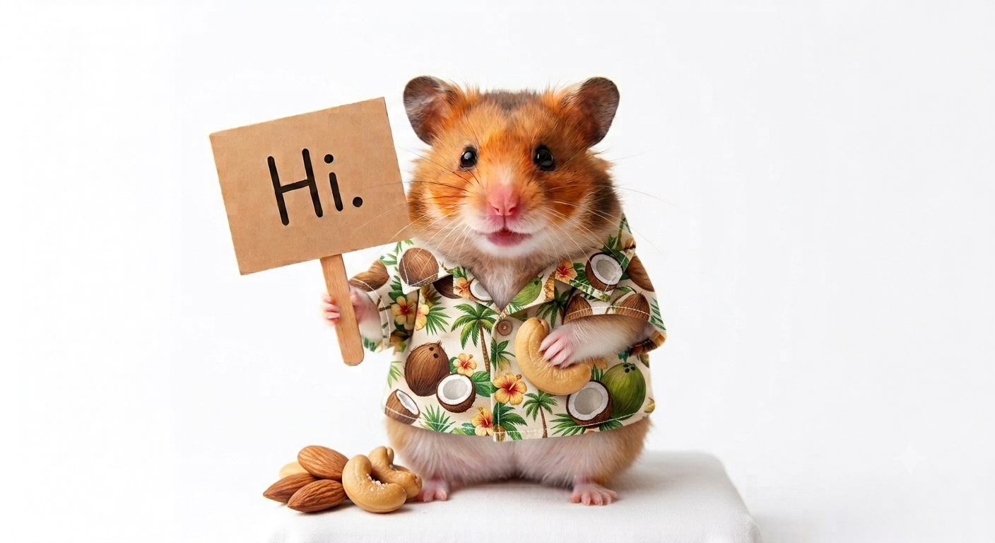 Walter, our English mascot, wearing a Hawaiian shirt and holding a sign that says "Hi."
